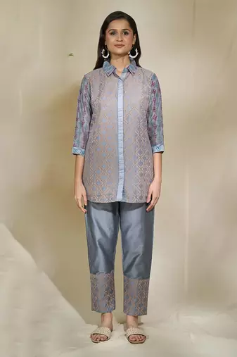 Grey mirror work shirt set - block printing pockets different print layouts mirror work pants