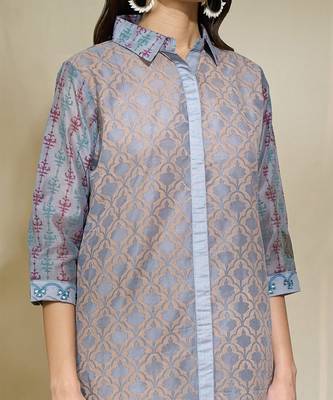 Grey mirror work shirt set - block printing pockets different print layouts mirror work pants 4
