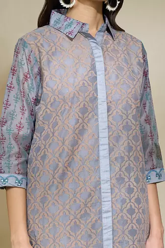 Grey mirror work shirt set - block printing pockets different print layouts mirror work pants