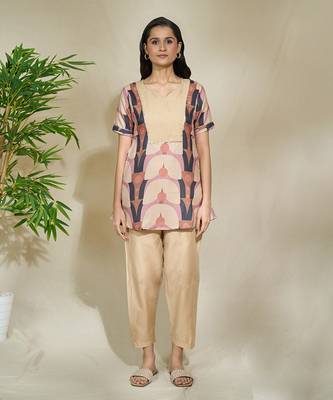 Brown tagai tunic with beige pants - resham tagai sequence work a line cut 2