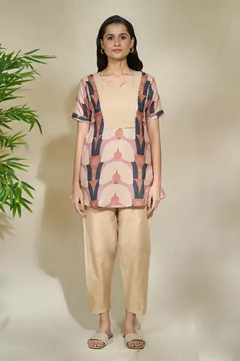 Brown tagai tunic with beige pants - resham tagai sequence work a line cut