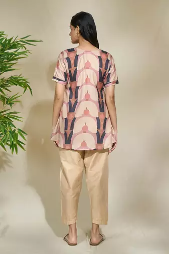 Brown tagai tunic with beige pants - resham tagai sequence work a line cut