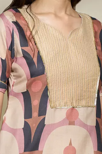 Brown tagai tunic with beige pants - resham tagai sequence work a line cut
