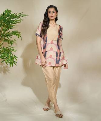 Brown tagai tunic with beige pants - resham tagai sequence work a line cut 5
