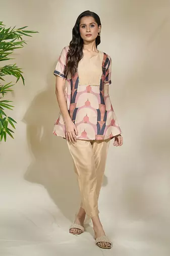 Brown tagai tunic with beige pants - resham tagai sequence work a line cut