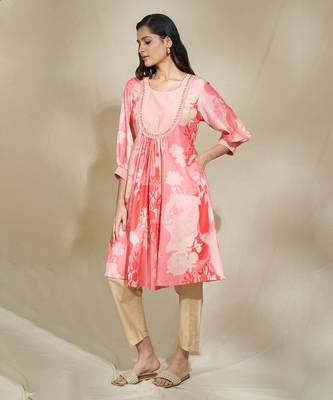 Peach pintexed tunic with pearl cutdana work beige pants 2