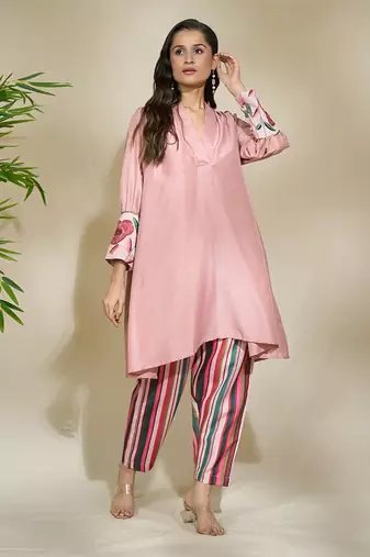 Rose blush tunic with pink toned striped pant