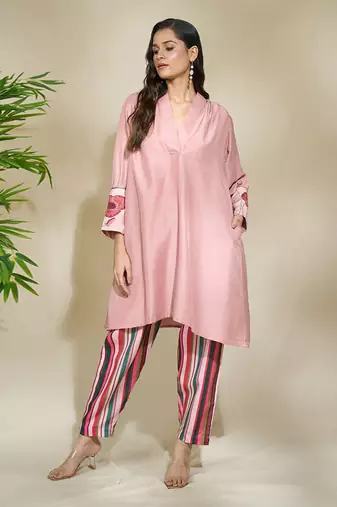 Rose blush tunic with pink toned striped pant
