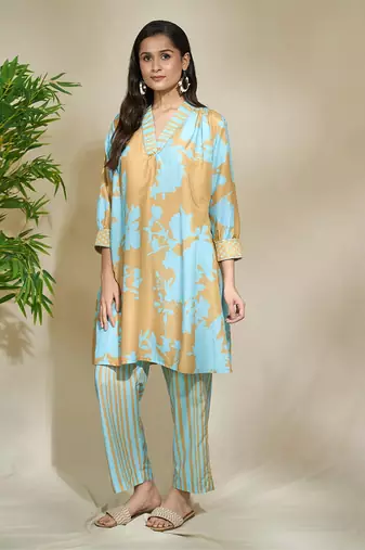 Mustard blue multi print tunic striped pant