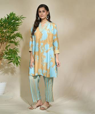 Mustard blue striped long shirt floral pant 1