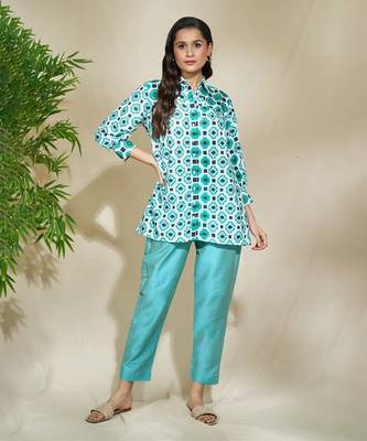 Aqua beaded shirt with intricate hand work of african bead cutdana sequnce blue jaam cotton pants 4