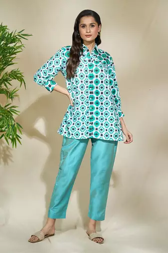 Aqua beaded shirt with intricate hand work of african bead cutdana sequnce blue jaam cotton pants