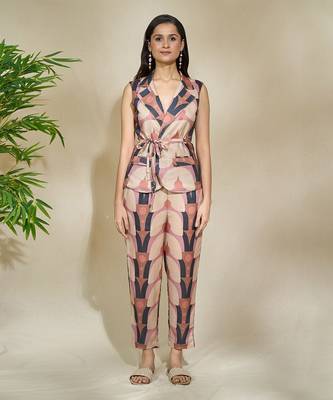 Brown printed vest coat pant set thin belt wear it with a top shirt or tie it closed without anything. 1