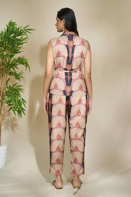 Brown printed vest coat pant set thin belt wear it with a top shirt or tie it closed without anything. 3