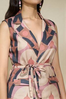 Brown printed vest coat pant set thin belt wear it with a top shirt or tie it closed without anything. 4