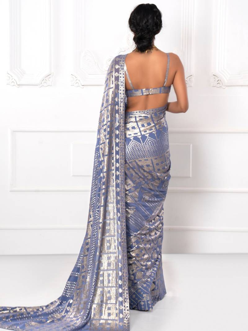 Enchanting Lavender Sequins Georgette Reception Wear Saree With Blouse
