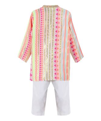 Viscose lurex kurta paired with  glaze cotton pyjama. detailed with multicolor mirror lace 2