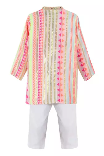 Viscose lurex kurta paired with  glaze cotton pyjama. detailed with multicolor mirror lace
