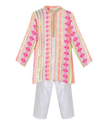 Viscose lurex kurta paired with  glaze cotton pyjama. detailed with multicolor mirror lace 1