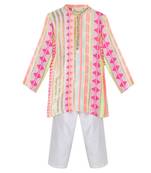 Viscose lurex kurta paired with  glaze cotton pyjama. detailed with multicolor mirror lace