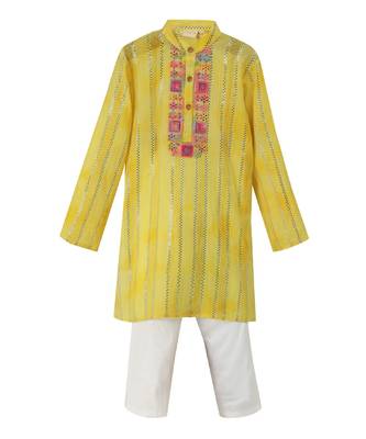 Silver lurex cotton kurta and glazed cotton pyjama. detailed with multicolored lace 1