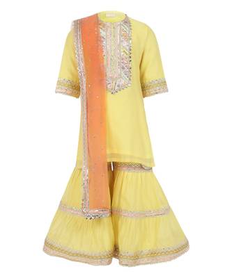 Chanderi silk kurta and sharara with gota detailing and net dupatta 1