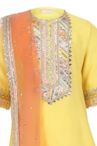 Chanderi silk kurta and sharara with gota detailing and net dupatta