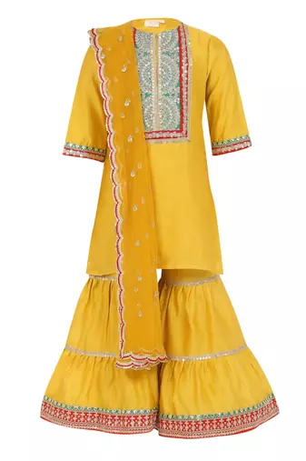 Chanderi silk kurta and sharara with gota detailing and soft net dupatta
