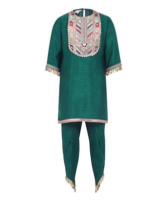 Raw satin kurta and dhoti pant. detailed with multicolor lace 1
