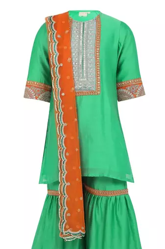 Chanderi silk kurta and sharara with gota detailing and soft net dupatta
