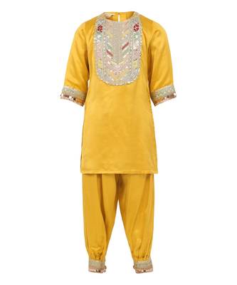 Raw satin kurta and dhoti pant with multicolor lace 1