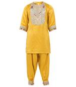 Raw satin kurta and dhoti pant with multicolor lace