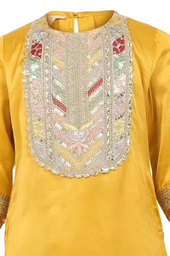 Raw satin kurta and dhoti pant with multicolor lace