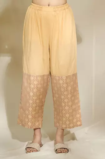 Beige chanderi mirror work cord set With  slip & pants