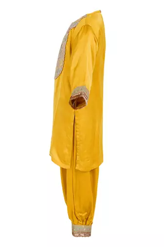Raw satin kurta and dhoti pant with multicolor lace