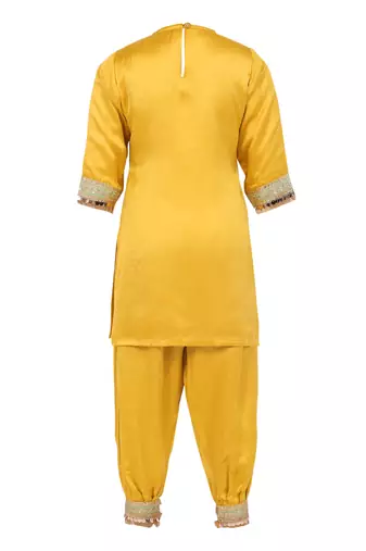 Raw satin kurta and dhoti pant with multicolor lace