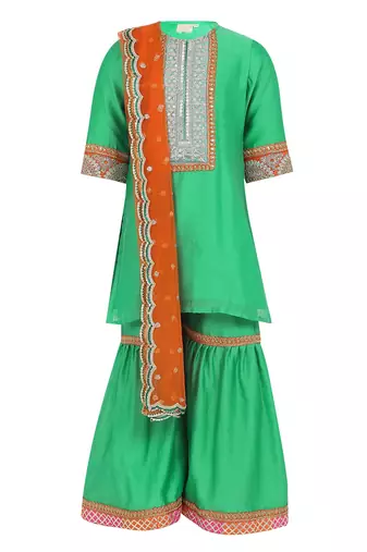 Chanderi silk kurta and sharara with gota detailing and soft net dupatta