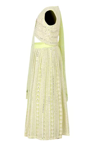 Chikankari with faux mirror blouse and lehenga with soft net dupatta (detailed with faux mirror lace)