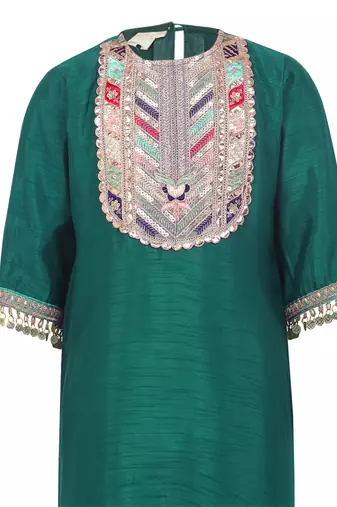 Raw satin kurta and dhoti pant. detailed with multicolor lace