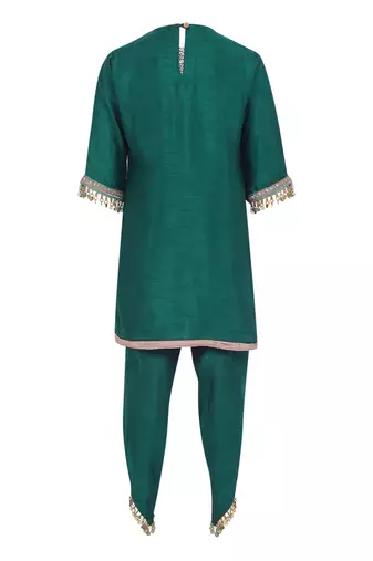 Raw satin kurta and dhoti pant. detailed with multicolor lace