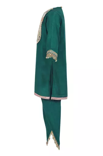 Raw satin kurta and dhoti pant. detailed with multicolor lace