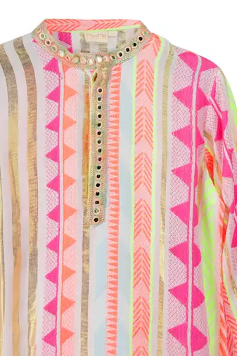 Viscose lurex kurta paired with  glaze cotton pyjama. detailed with multicolor mirror lace