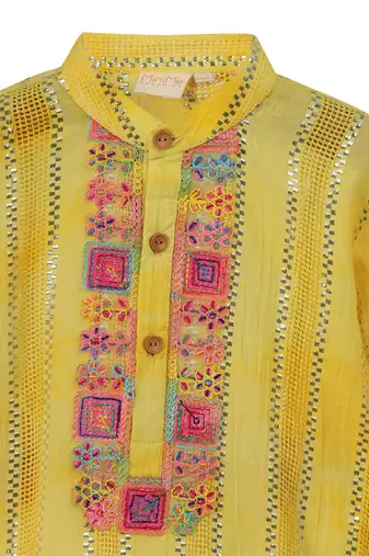 Silver lurex cotton kurta and glazed cotton pyjama. detailed with multicolored lace