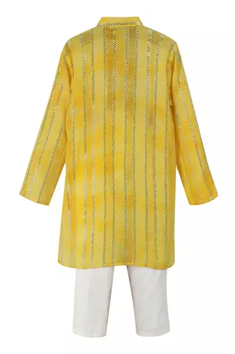 Silver lurex cotton kurta and glazed cotton pyjama. detailed with multicolored lace