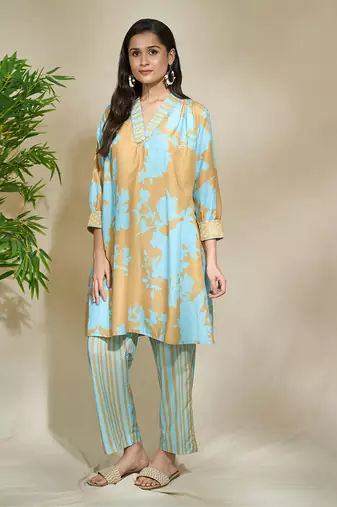 Mustard blue striped long shirt floral pant