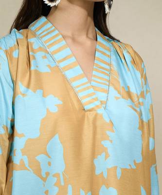 Mustard blue striped long shirt floral pant 3
