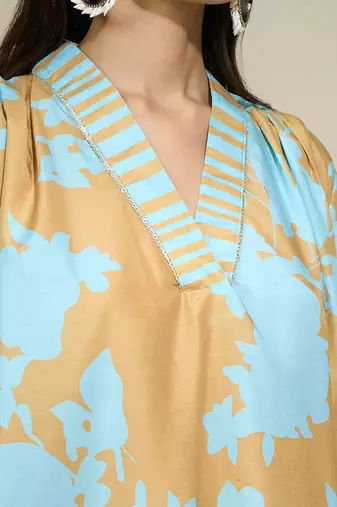 Mustard blue striped long shirt floral pant