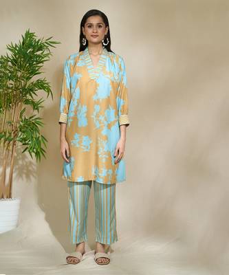 Mustard blue striped long shirt floral pant 4