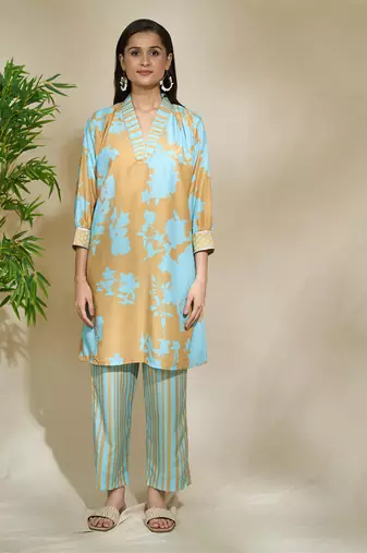 Mustard blue striped long shirt floral pant