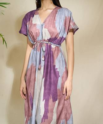 Brown purple printed kaftan dress with adjustable waist 4